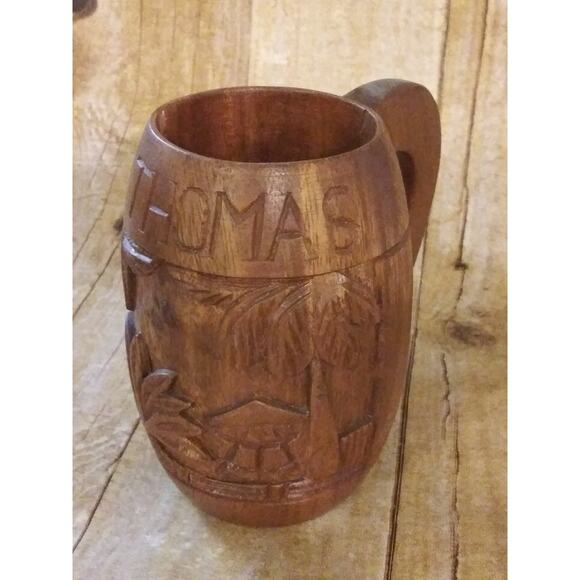 St. Thomas Carved Wooden Mug Vintage Island Souvenir Palm Trees Wood Mug (shelf) - Picture 5 of 8